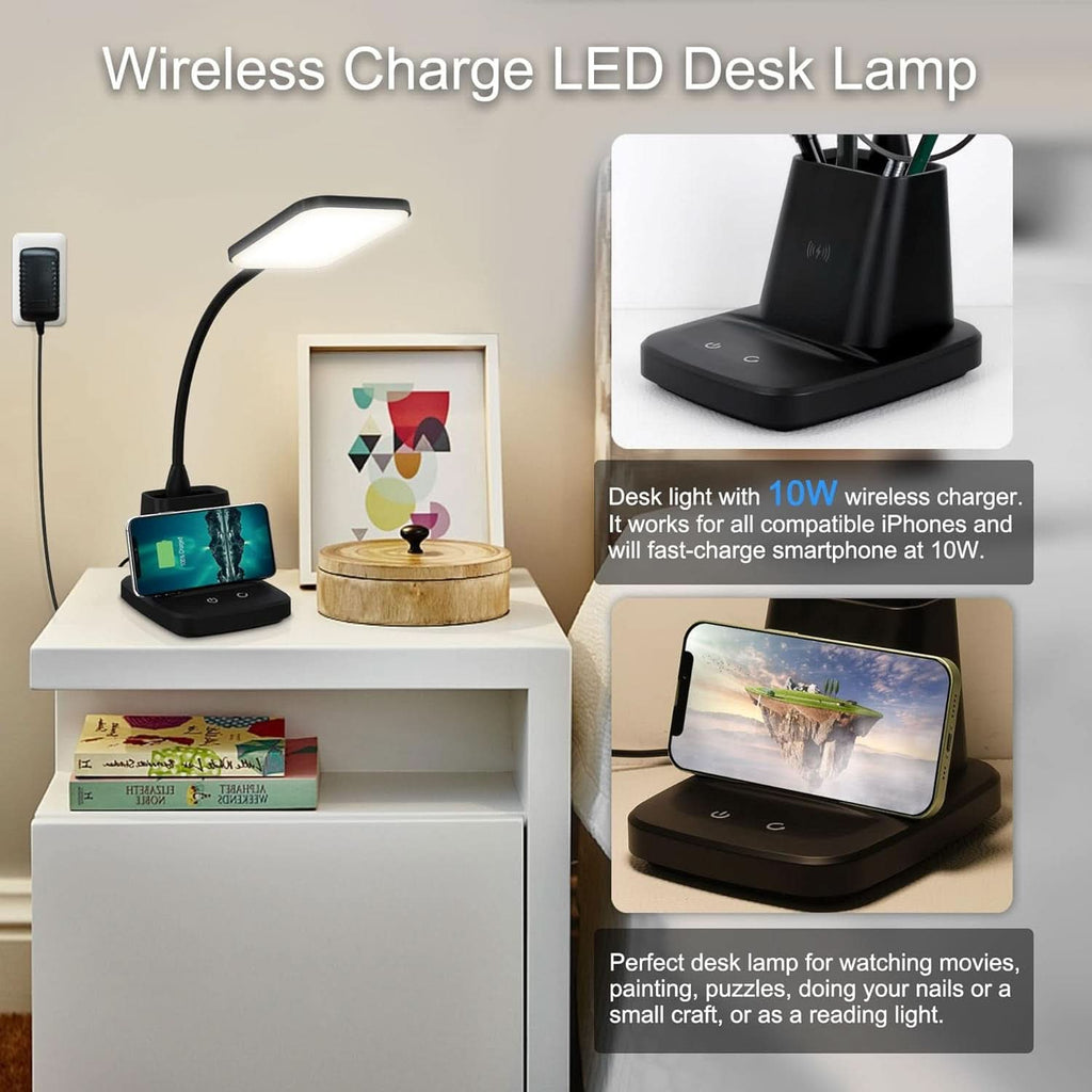Black LED desk lamp with wireless charger base, pen holder, and flexible gooseneck. — view 2