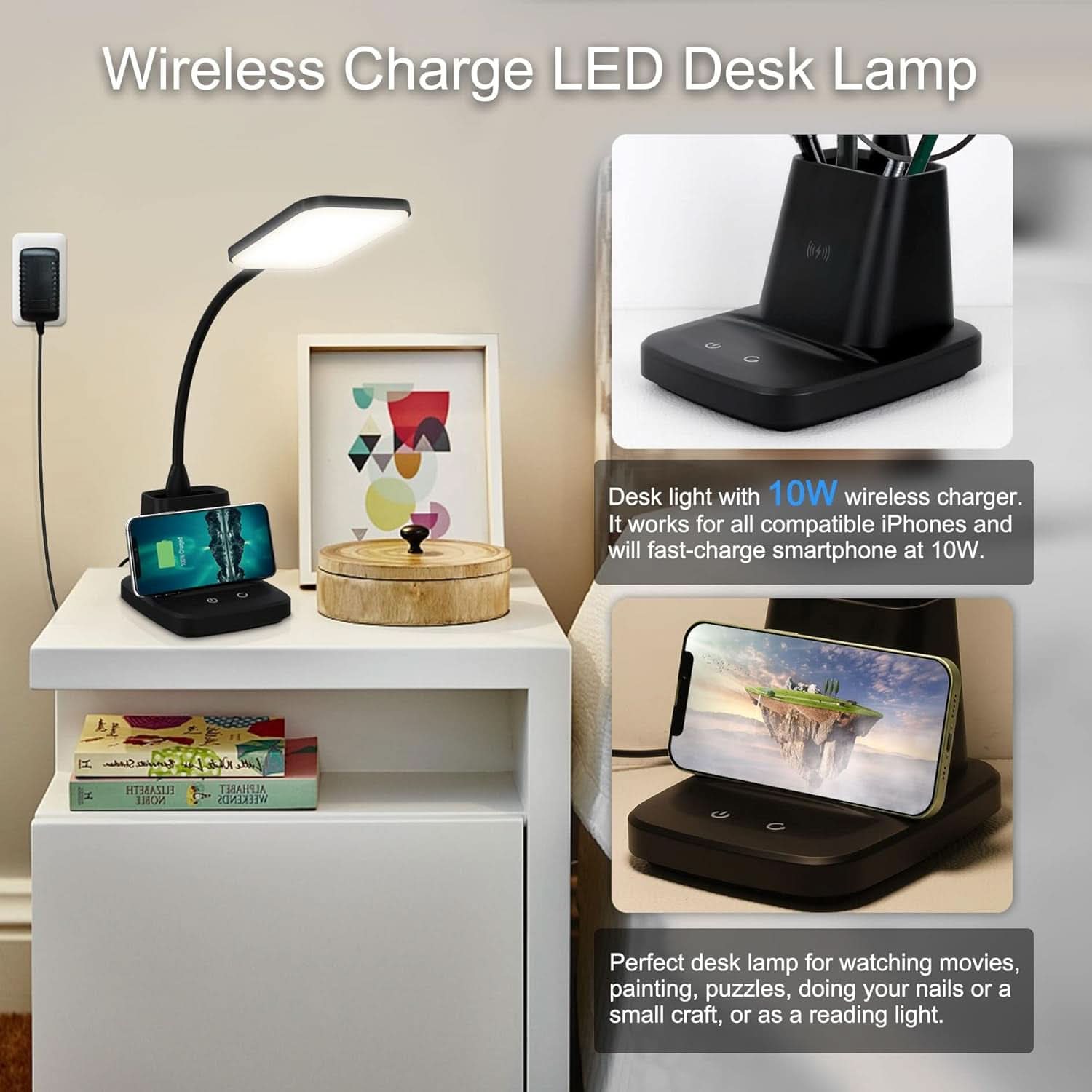 Black LED desk lamp with wireless charger base, pen holder, and flexible gooseneck. — view 2