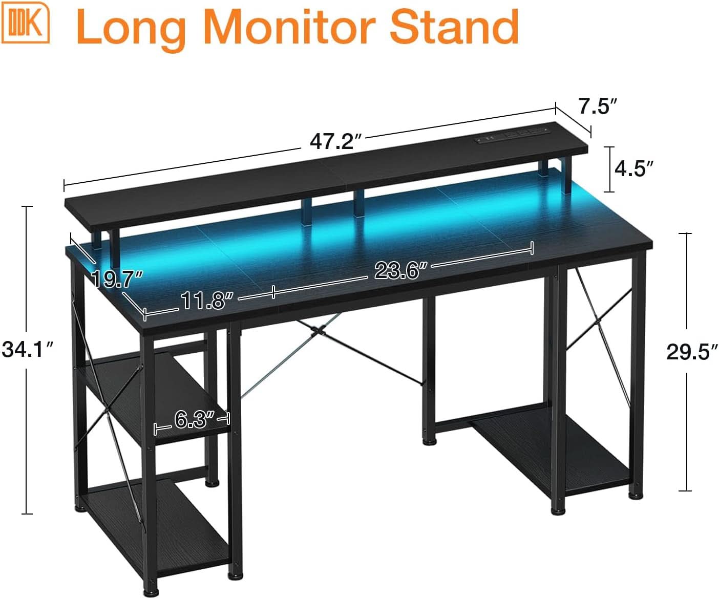 Sleek 48-inch black LED gaming desk with dual monitor stand, shelves, and built-in USB ports — view 3