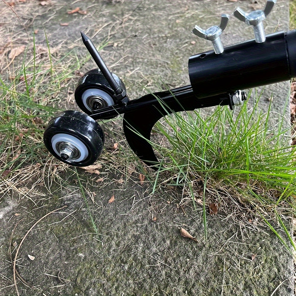 Black multi purpose leaf gutter cleaner and weeding tool with dual roller tires for driveway edging — view 5
