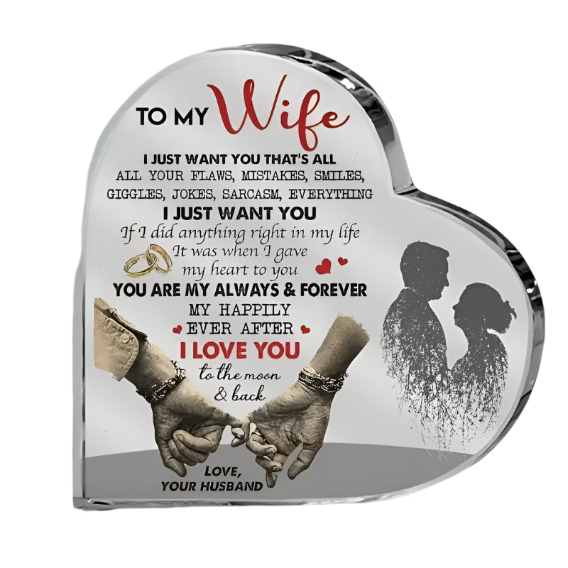 Clear heart shaped acrylic plaque with romantic I love you message for home desk decor