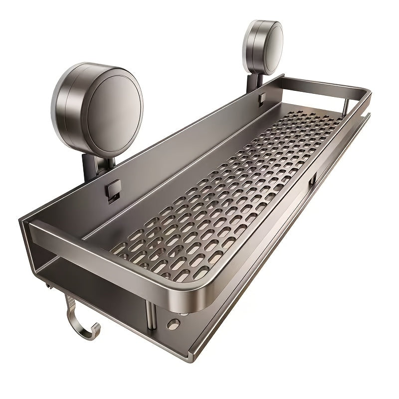 Rustproof wall mounted shower caddy with suction cups and towel hooks holding bathroom products