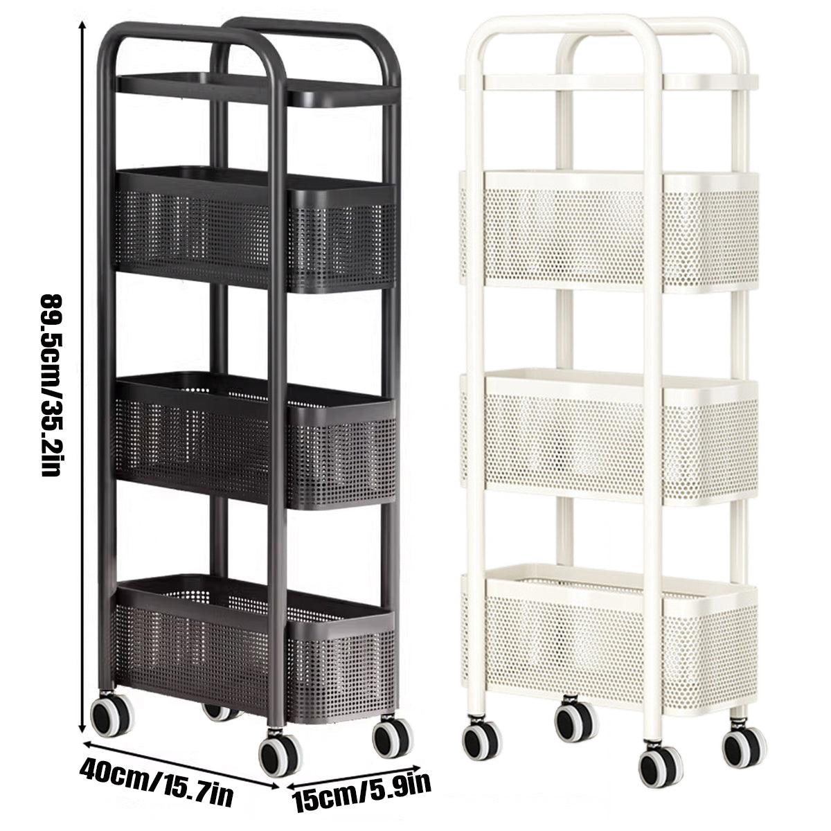 Three-tier slim metal storage trolley with smooth-rolling wheels and perforated baskets for tight spaces. — view 3