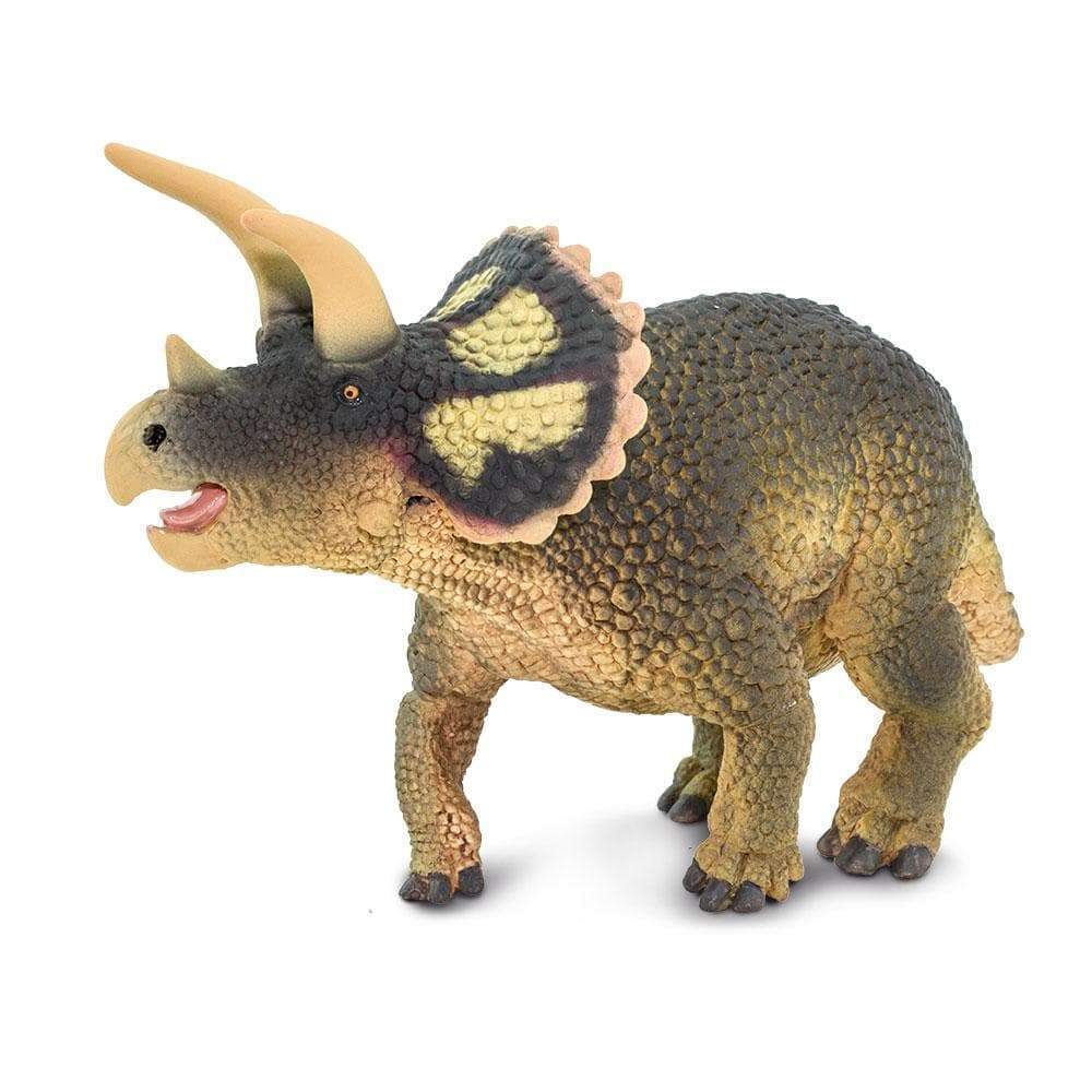 Detailed Triceratops dinosaur toy figure with large horns and scaly texture in a rearing pose — view 5