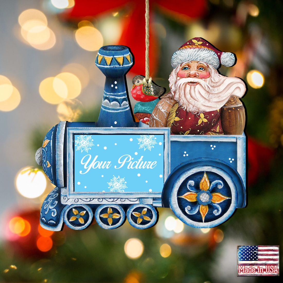 Wooden Christmas picture frame ornament featuring Santa and a snowman on a vintage train ride — view 3