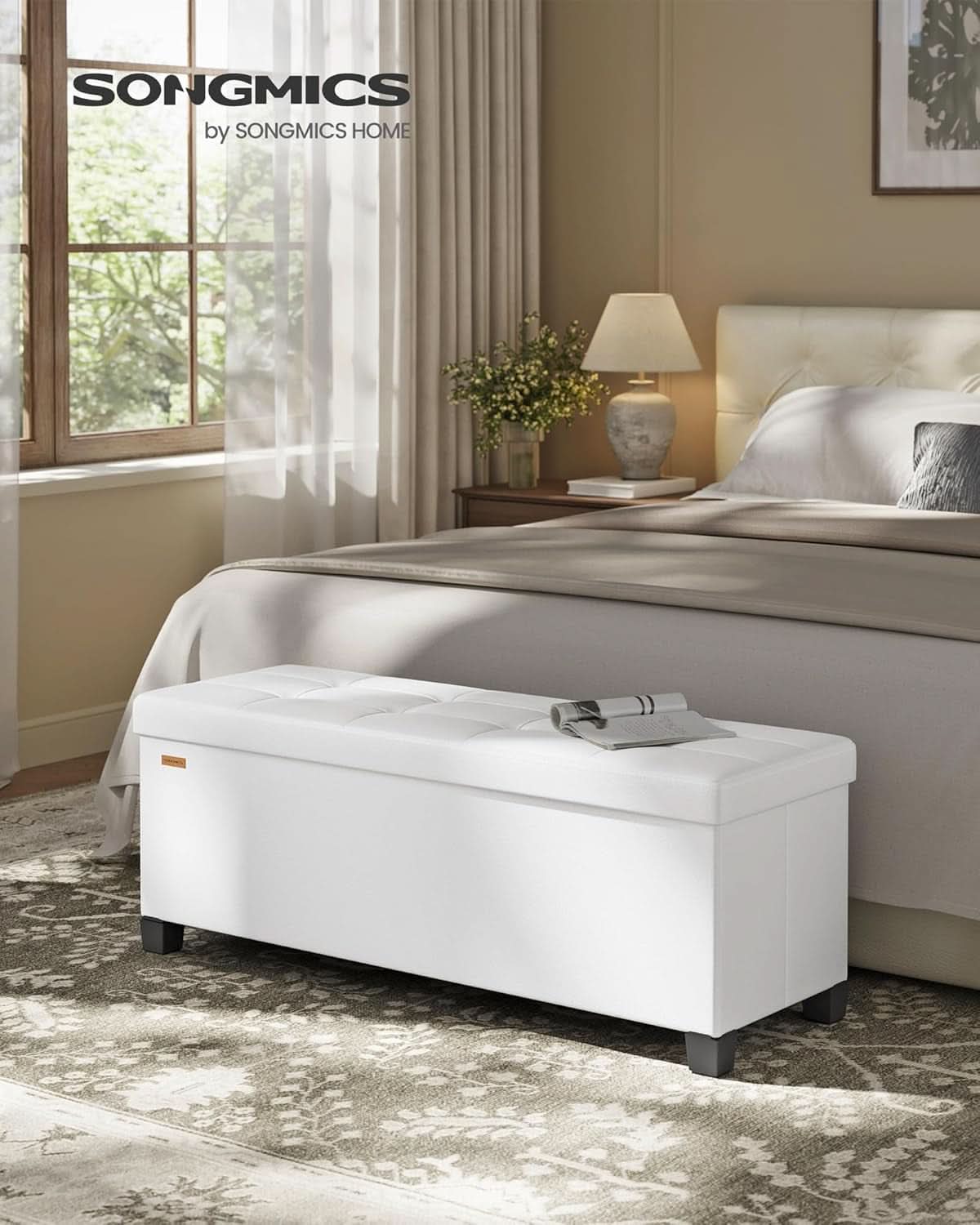 Cloud white leatherette storage ottoman bench with tufted lid and floor-friendly protective legs — view 2