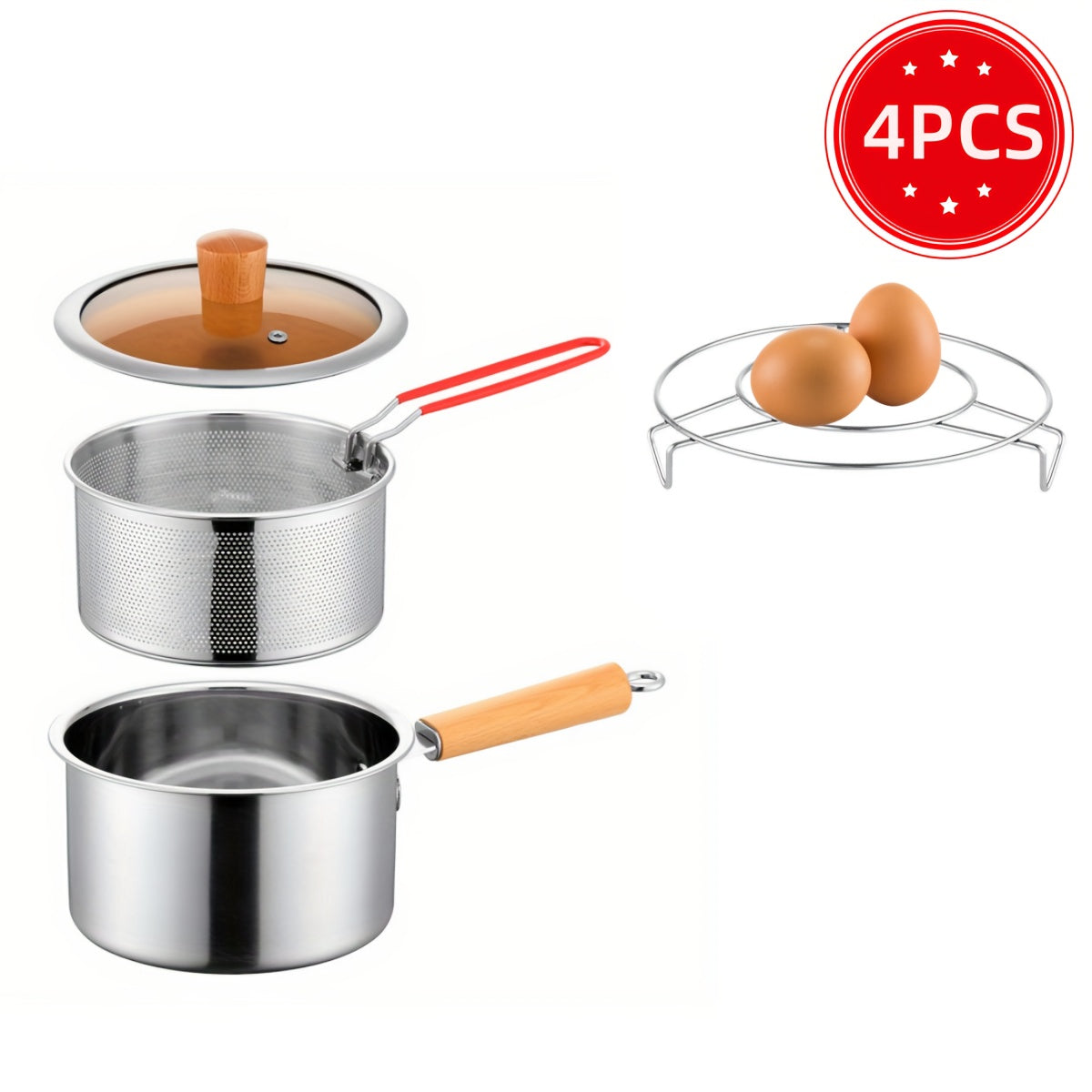4-in-1 stainless steel cookware set with saucepan, glass lid, and deep frying mesh basket — view 4
