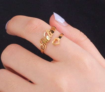 Adjustable custom name stainless steel ring with personalized engraving and elegant heart detail — view 3