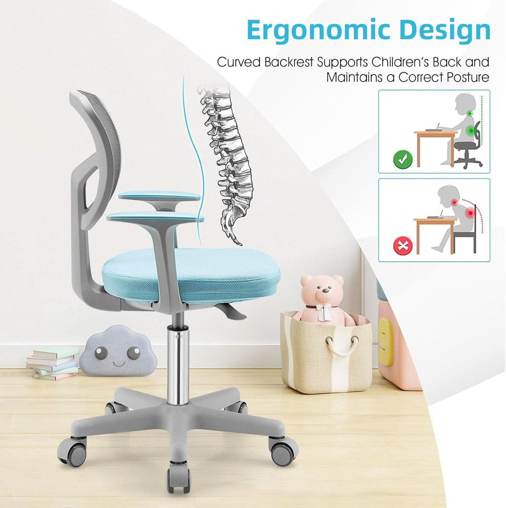 Ergonomic blue kids desk chair with breathable mesh back, lumbar support, and adjustable rolling base — view 5