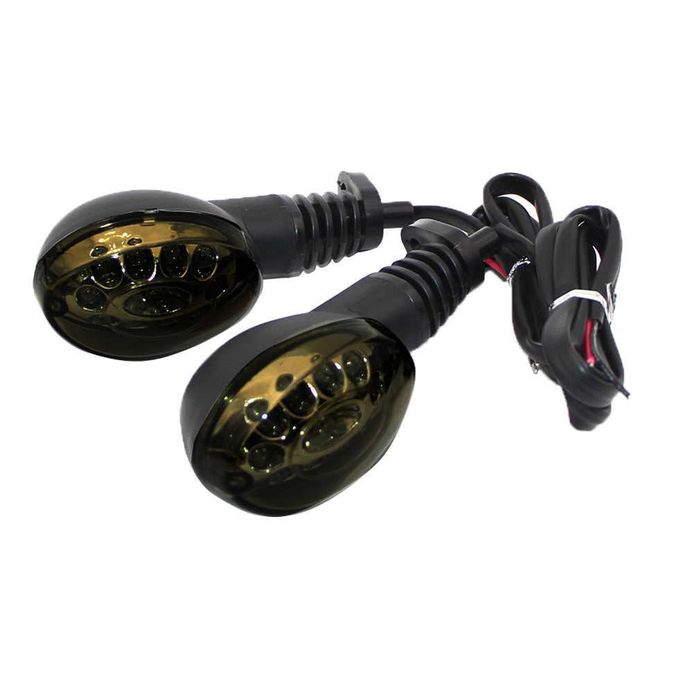 Smoke lens amber LED motorcycle turn signal indicator lights with connecting cables on white background — view 5