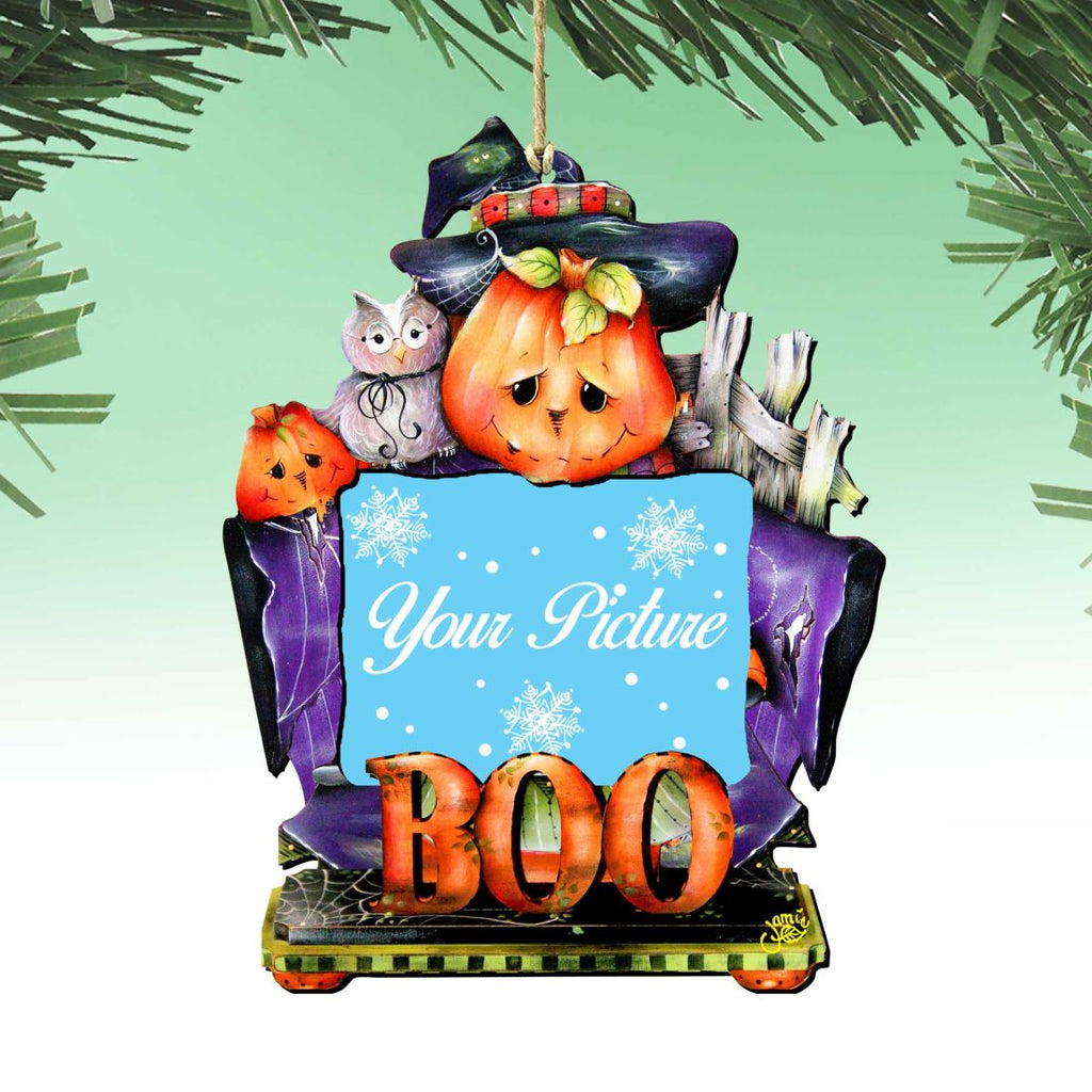 Handcrafted wooden Halloween picture frame ornament featuring spooky artwork for a 4x2 photo — view 2