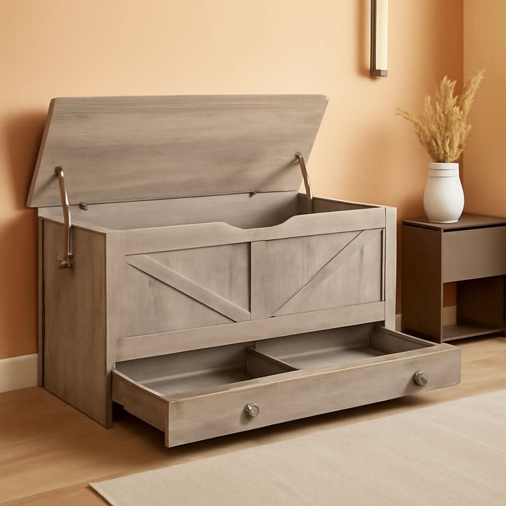 Greige solid wood storage bench toy chest with a bottom sliding drawer and U-shaped opening