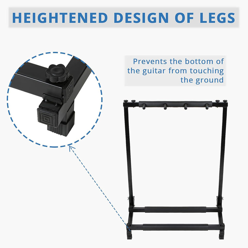 Matte black metal multi guitar stand displaying acoustic and electric guitars securely on floor. — view 5
