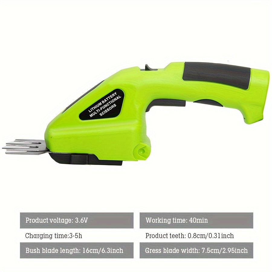 Cordless 2-in-1 grass shear and hedge trimmer in green with handheld USB rechargeable design — view 3