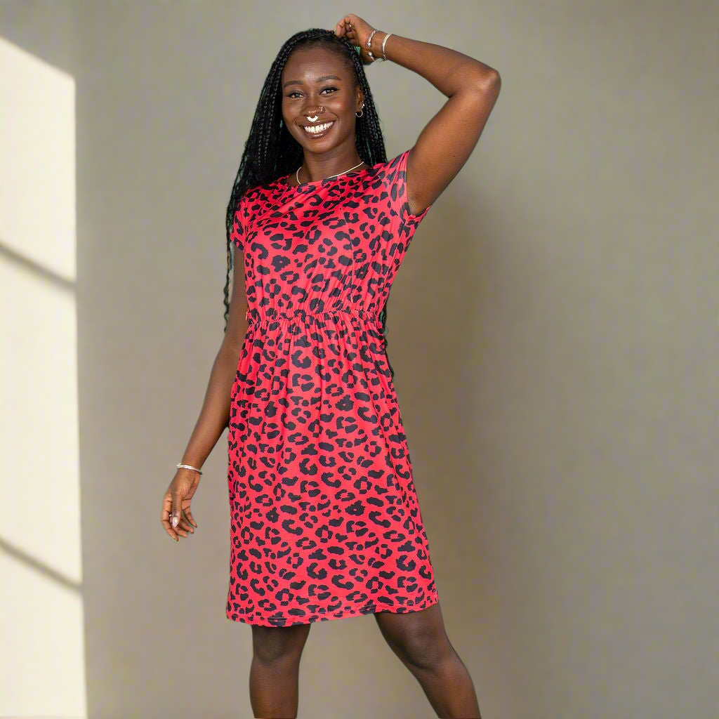 Knee length red leopard print breastfeeding dress with short sleeves and hidden nursing zips — view 4