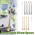 Reusable stainless steel straw spoon set with removable filter and cleaning brush for hot beverages