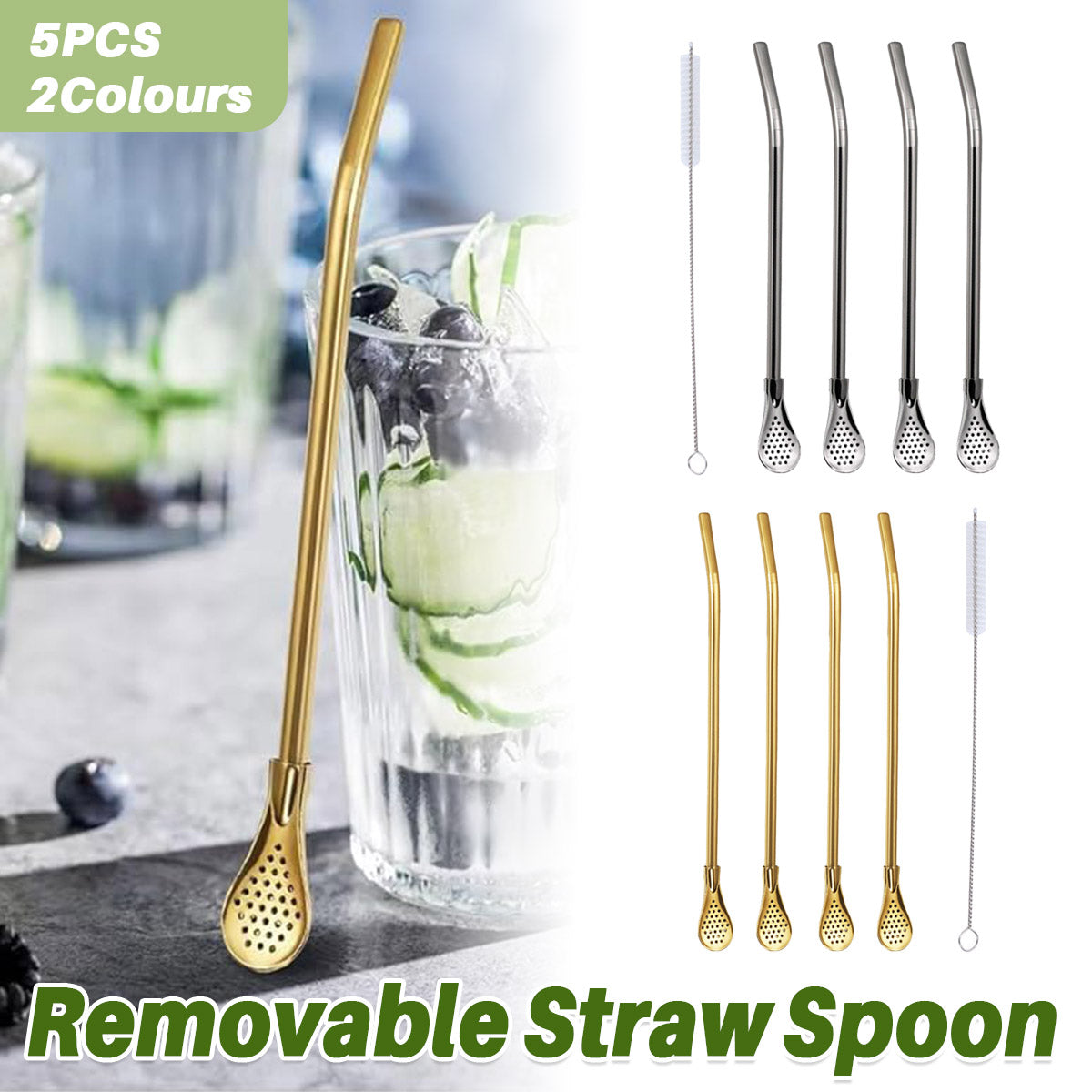 Reusable stainless steel straw spoon set with removable filter and cleaning brush for hot beverages
