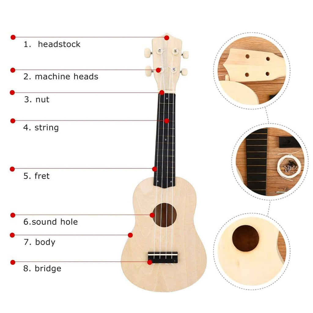 Unassembled 21-inch blank wood DIY ukulele kit with neck, fretboard, strings, and heart sound hole — view 5