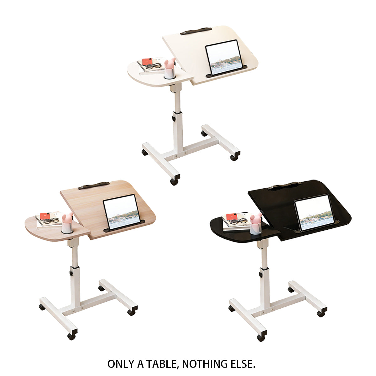 Portable adjustable height rolling laptop desk with tilted wood grain tabletop metal frame and caster wheels — view 2