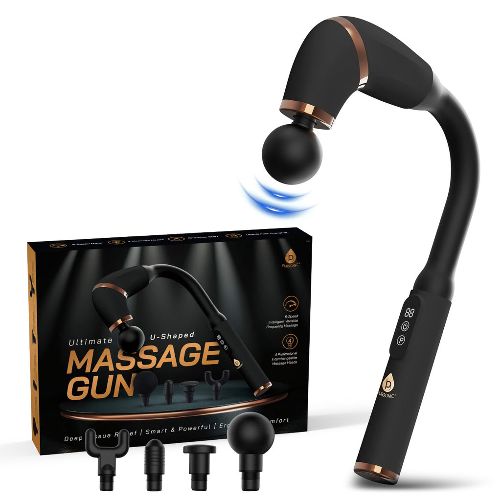 Ultimate U-shaped massage gun in dark grey with four interchangeable massage head attachments