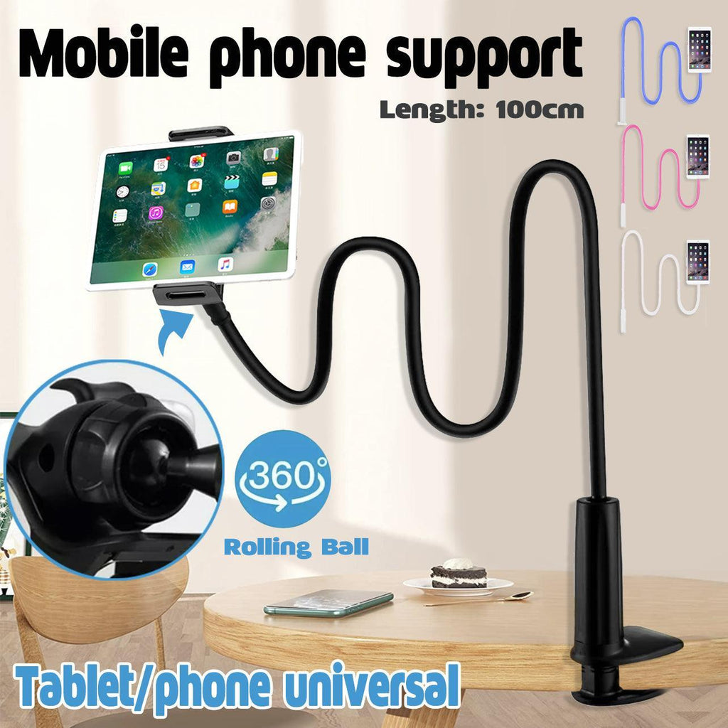 Adjustable flexible gooseneck phone and tablet mount with secure clamp for bed and desk use