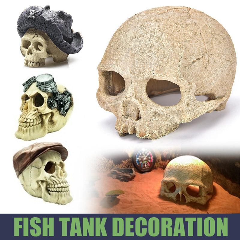 Artificial resin skull head bone aquarium ornament for fish tank and reptile enclosure decoration.