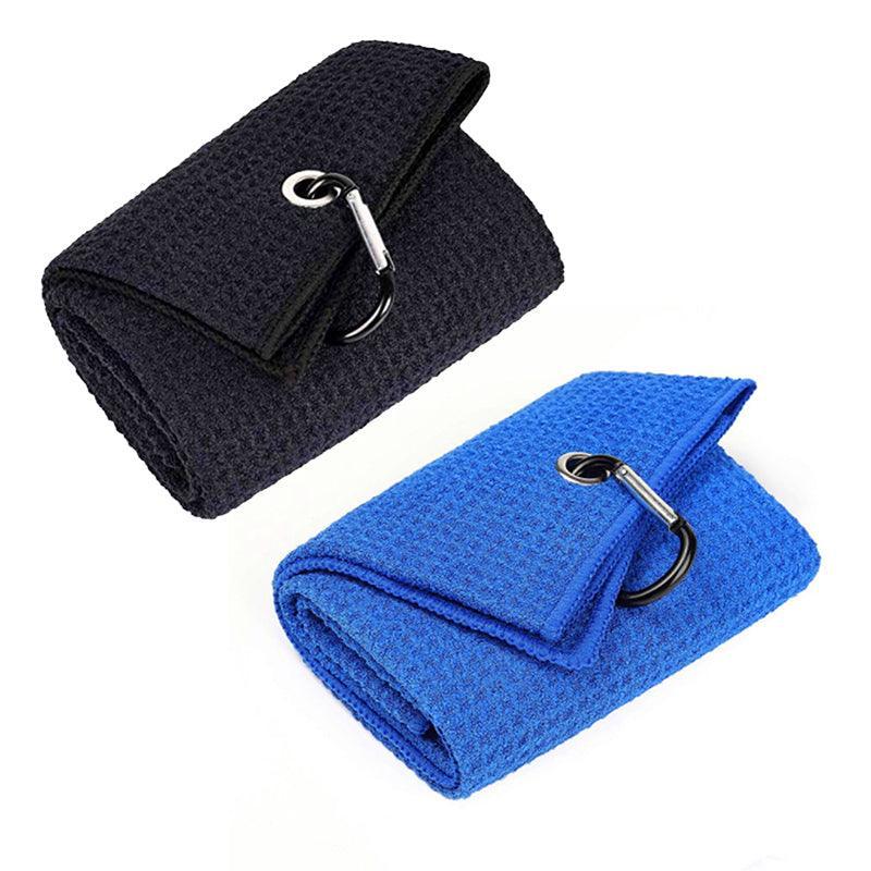 Waffle cotton sports golf towel with metal carabiner clip for cleaning golf clubs and balls — view 2
