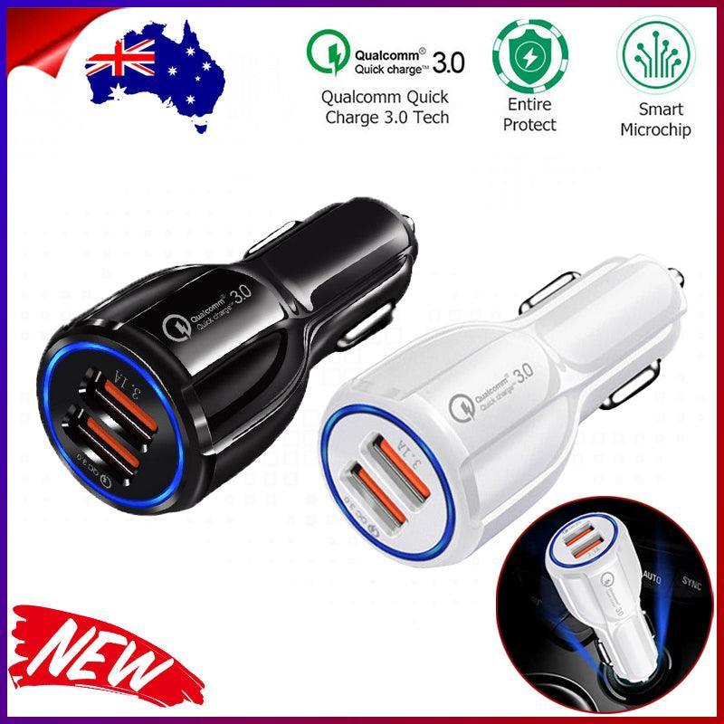 Black 30W dual USB fast car charger for smartphones featuring Quick Charge 3.0 technology — view 3