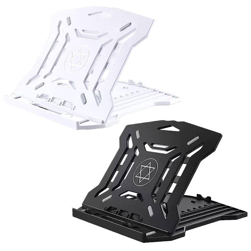 Foldable plastic adjustable laptop stand with 360-degree rotating base and a built-in mobile phone holder — view 2