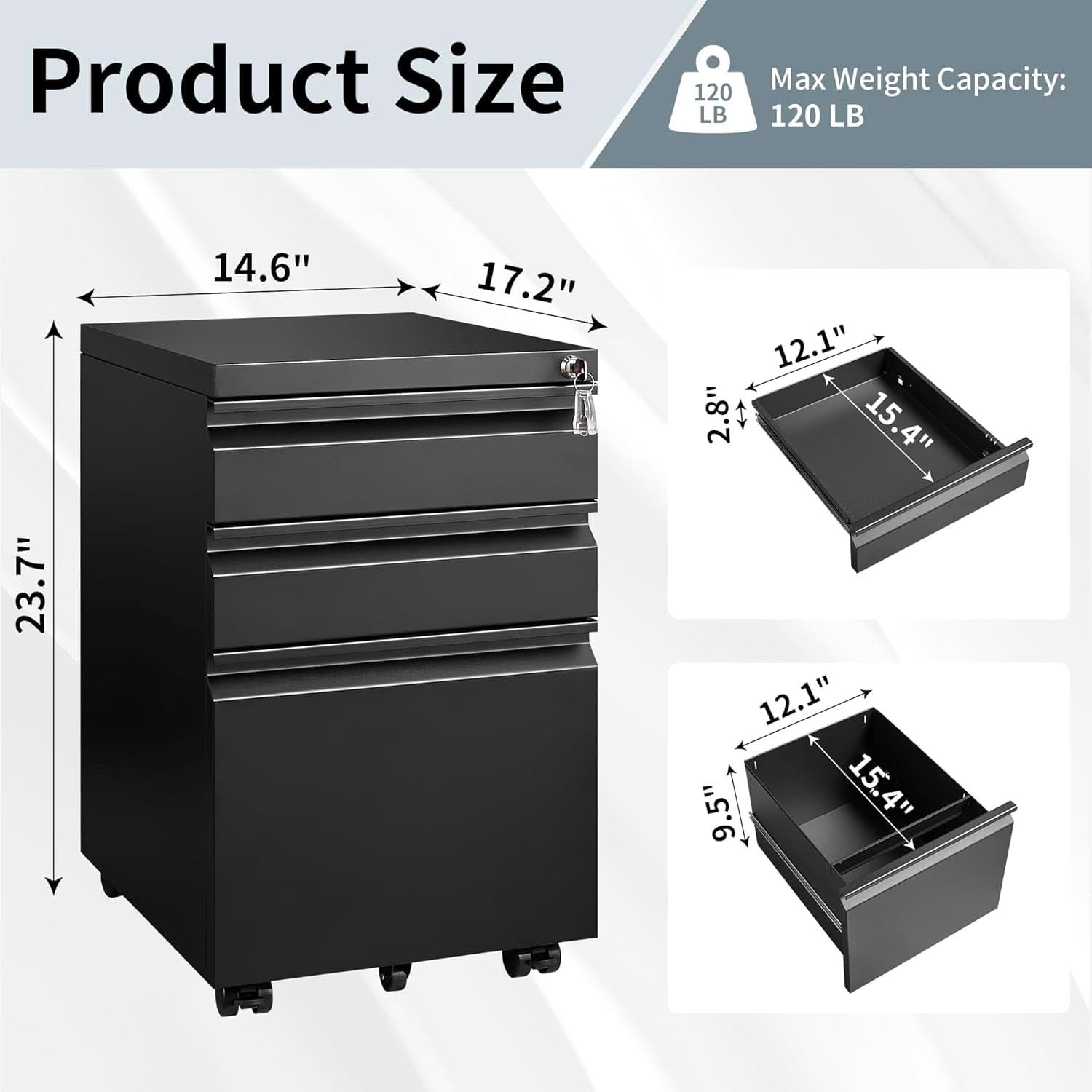 Black 3 drawer mobile file cabinet under desk steel storage unit with lock and caster wheels — view 3