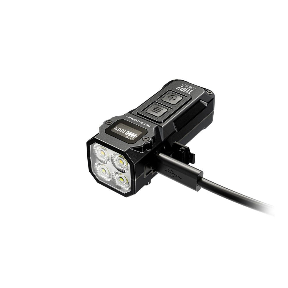 Black intelligent keychain flashlight with OLED display, metal keyring, and multiple LED color temperatures — view 4