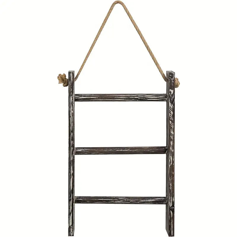 Rustic wood 3-tier wall hanging towel rack with ladder design and top rope detail — view 5