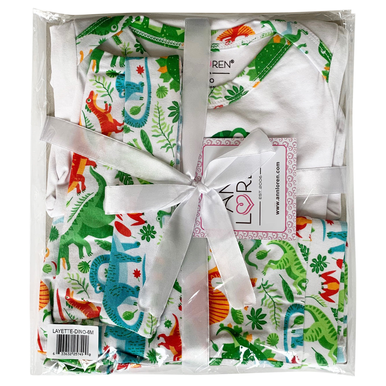 Baby boy 3-piece dinosaur layette set with bodysuit, green patterned joggers, and matching head cap — view 2
