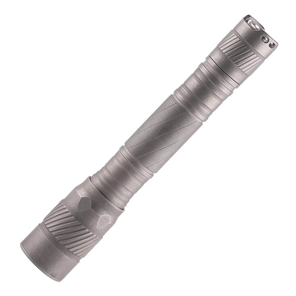 Metallic Convoy T4 Titanium EDC Flashlight showing orange peel reflector and tail switch — view 2