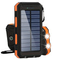 Orange 10000mAh portable solar power bank with dual USB ports and LED flashlight for outdoor camping.