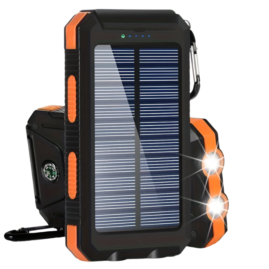 Orange 10000mAh portable solar power bank with dual USB ports and LED flashlight for outdoor camping.