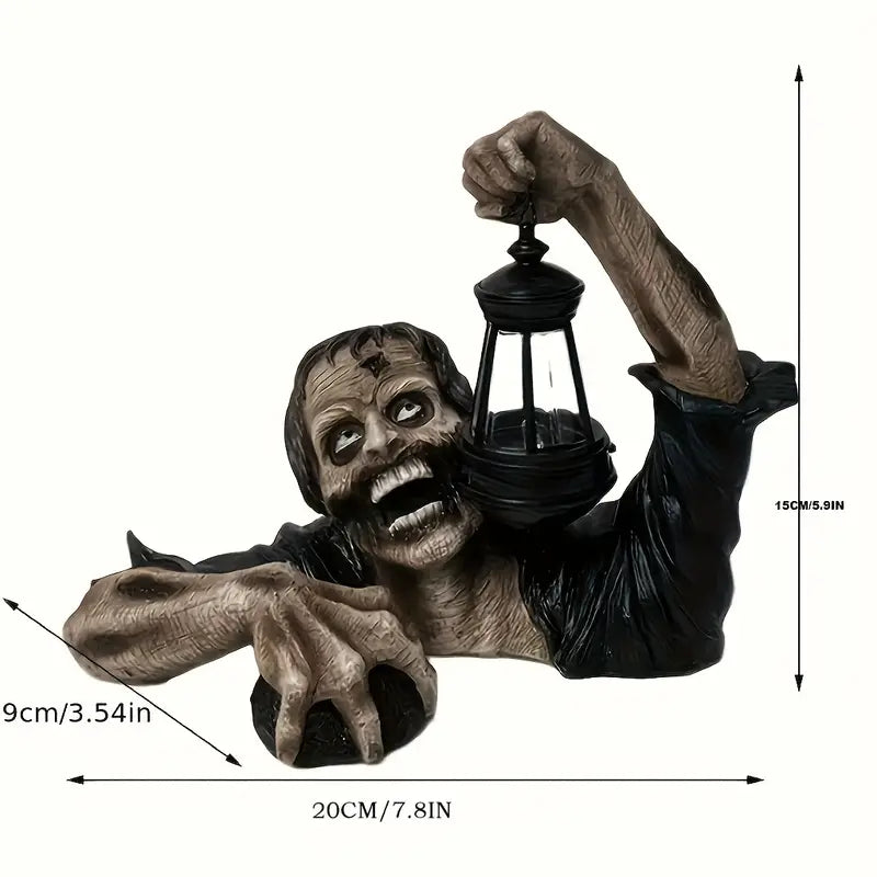 Realistic crawling zombie garden statue holding an LED lantern, made of hand-painted resin. — view 5