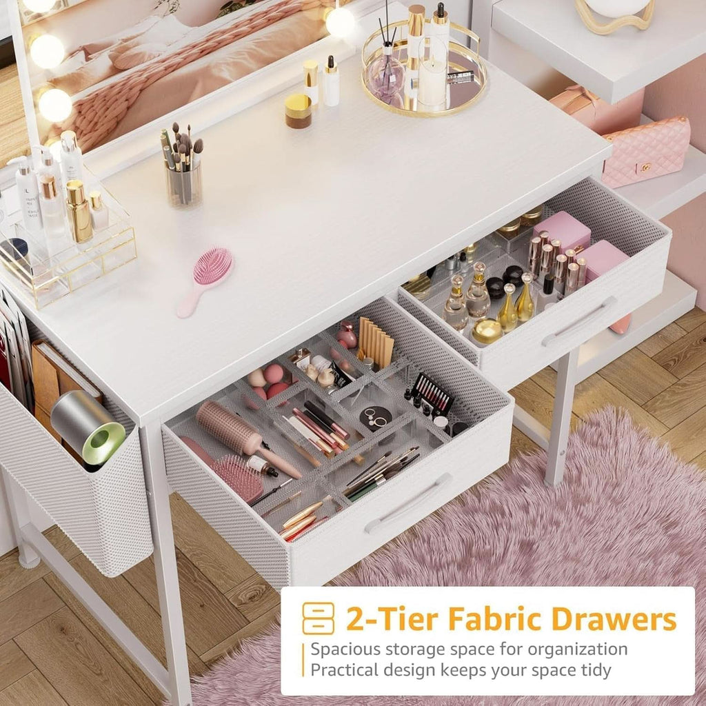 Compact white 32-inch vanity desk with two fabric storage drawers and a side organizational pouch — view 5