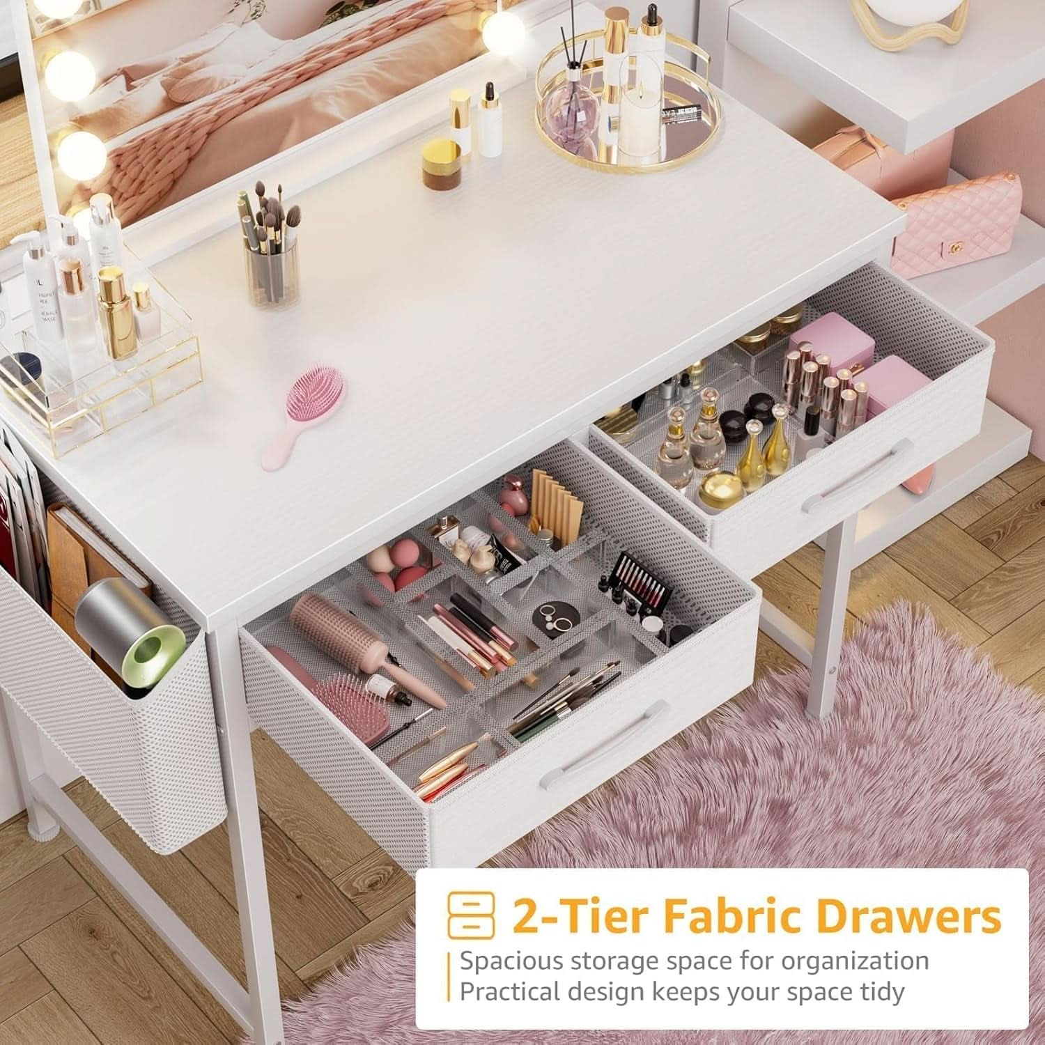 Compact white 32-inch vanity desk with two fabric storage drawers and a side organizational pouch — view 5