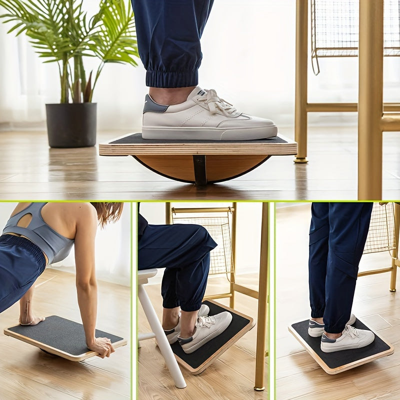 Wooden balance board with anti-slip roller for core strength and stability training at home — view 2
