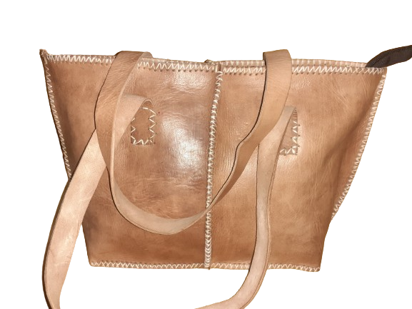 Medium rectangular rustic cowhide leather handbag with white stitching and sturdy dual handles. — view 2