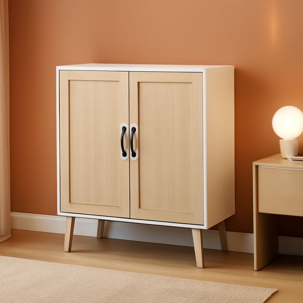 White buffet cabinet sideboard with woven natural rattan doors and modern metallic alloy handles