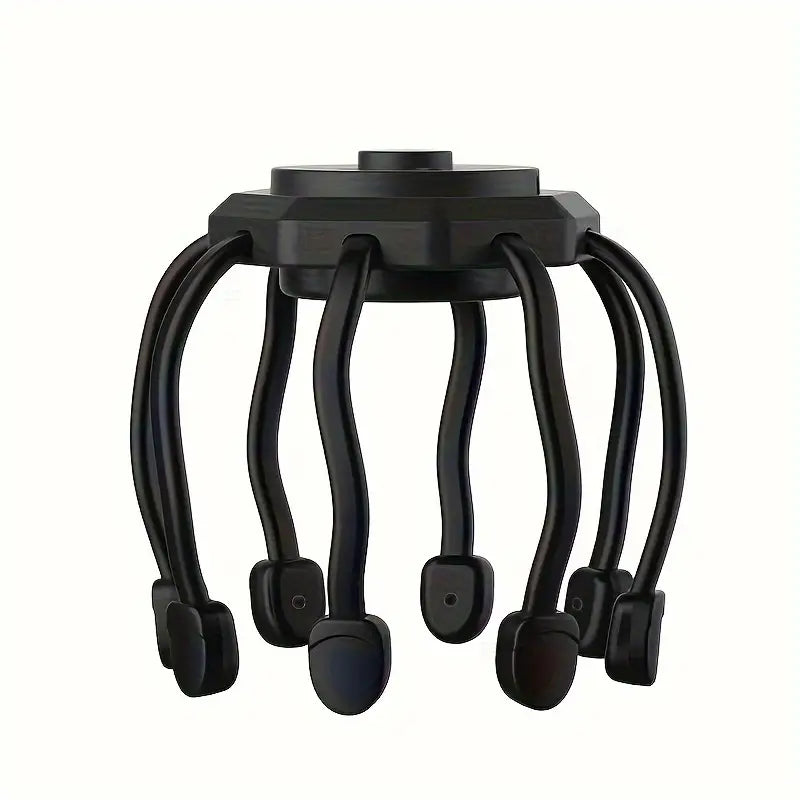 Black rechargeable 8-finger scalp massager with ergonomic handle and flexible massage nodes for tension relief