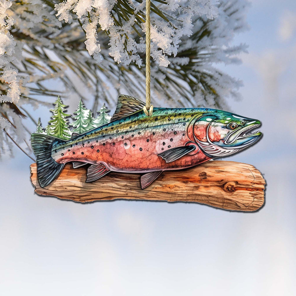 Sockeye salmon wooden ornament crafted from birch plywood with detailed wildlife artwork for holiday trees