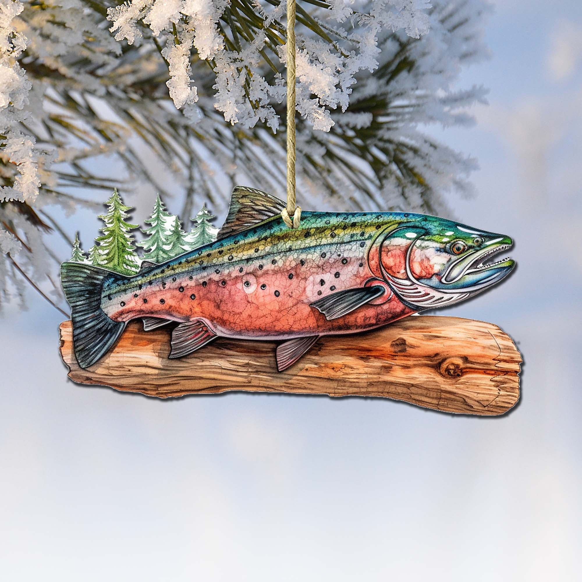 Sockeye salmon wooden ornament crafted from birch plywood with detailed wildlife artwork for holiday trees