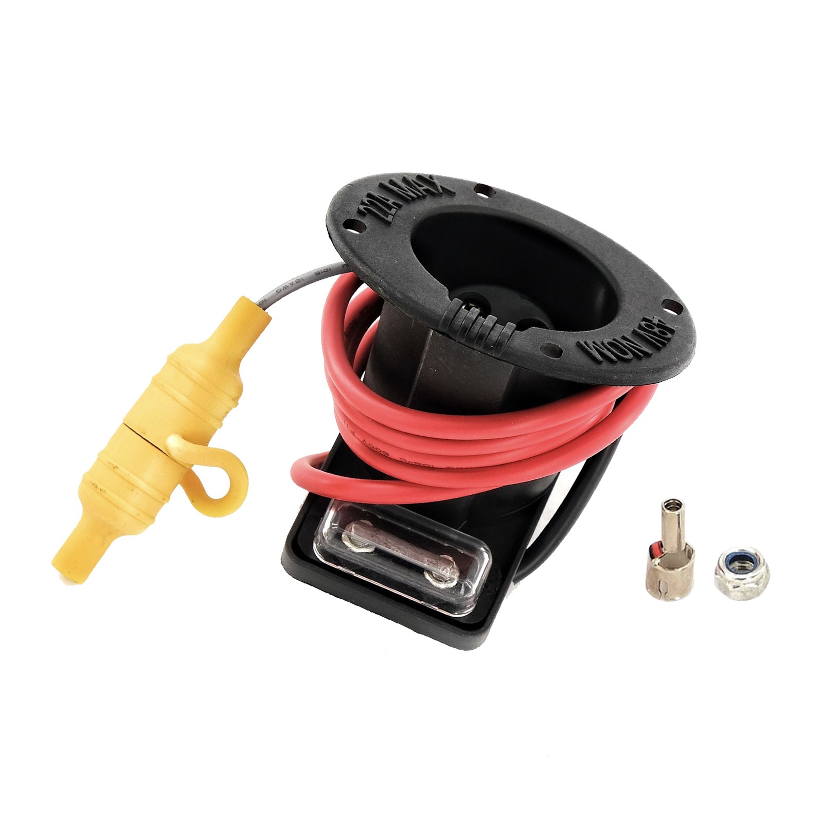 Black 48V golf cart charger receptacle and fuse assembly with wire connector and metal terminals