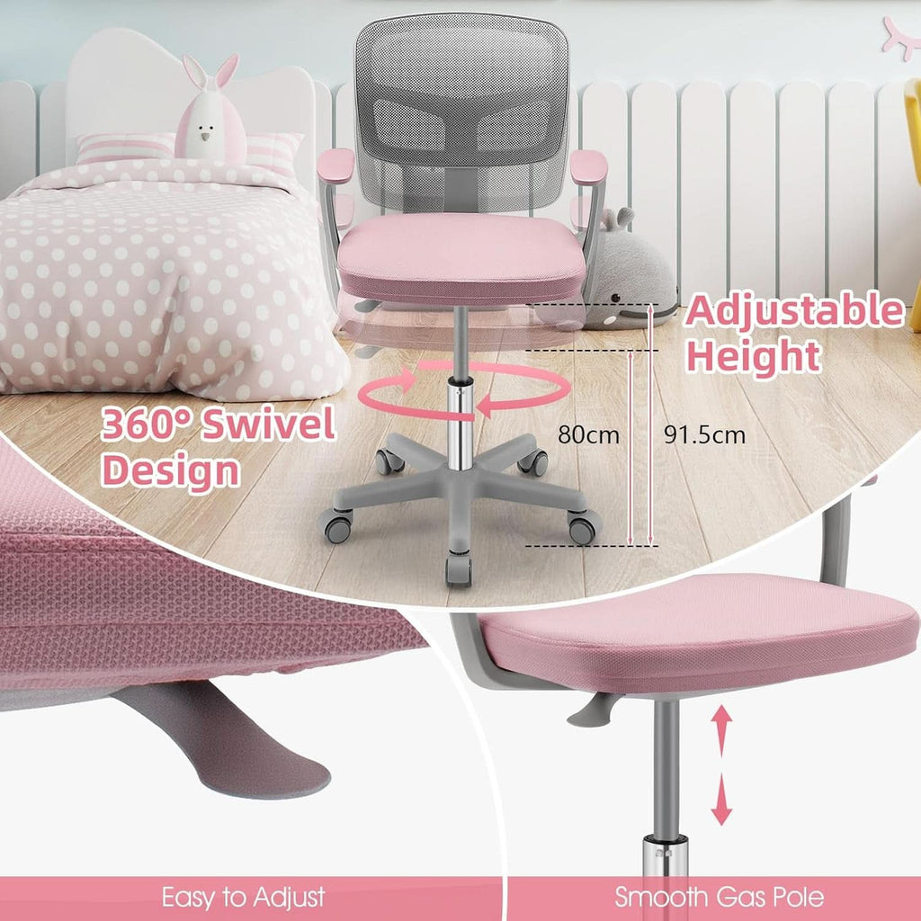 Ergonomic pink kids desk chair with breathable mesh back, lumbar support, and rolling casters. — view 5