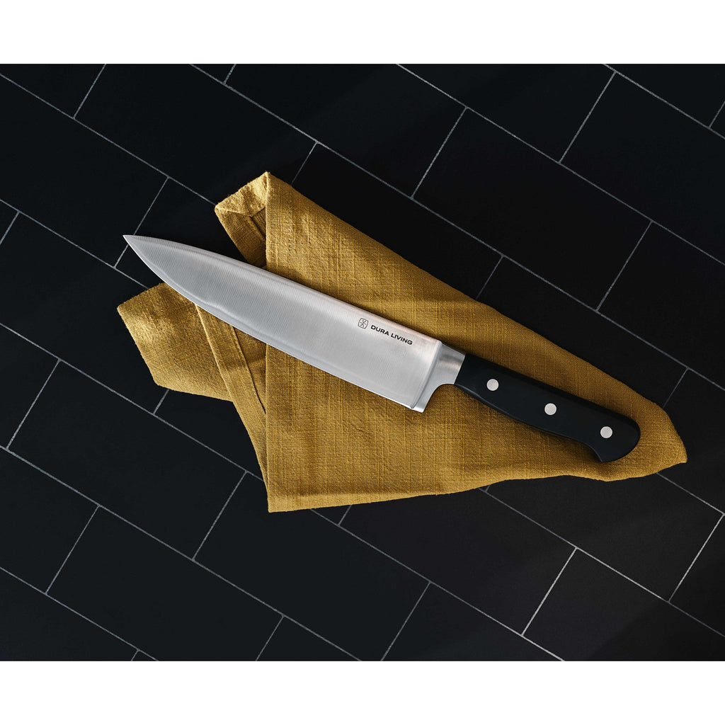 Superior 3-piece kitchen knife set with black ergonomic handles and protective blade guards — view 3