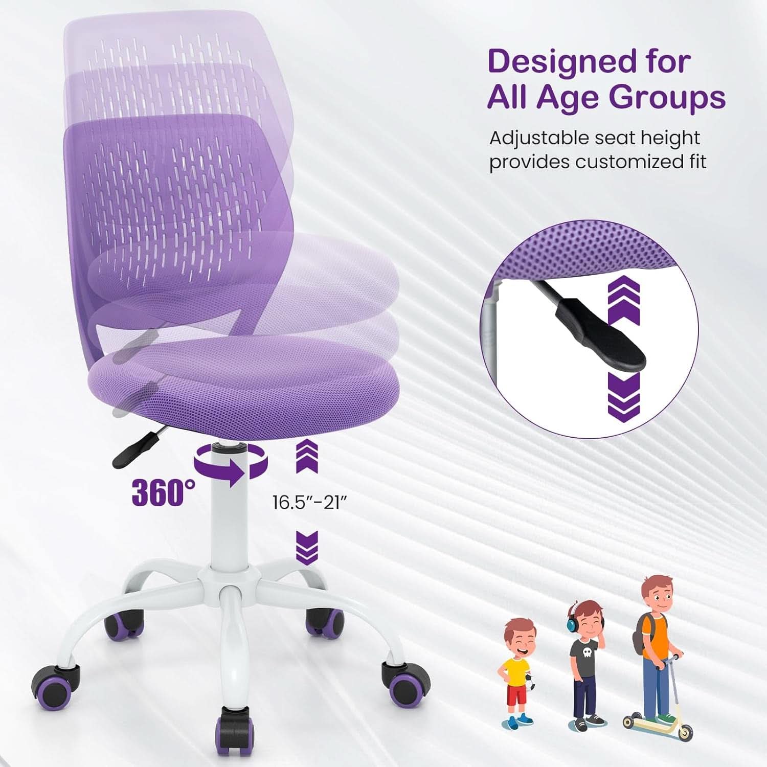 Bright purple kids desk chair with ergonomic backrest, adjustable height, and five-wheel base. — view 4