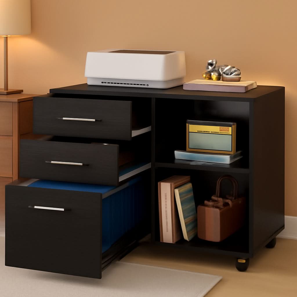 Black wood mobile 3-drawer file cabinet and printer stand with open shelves and rolling casters